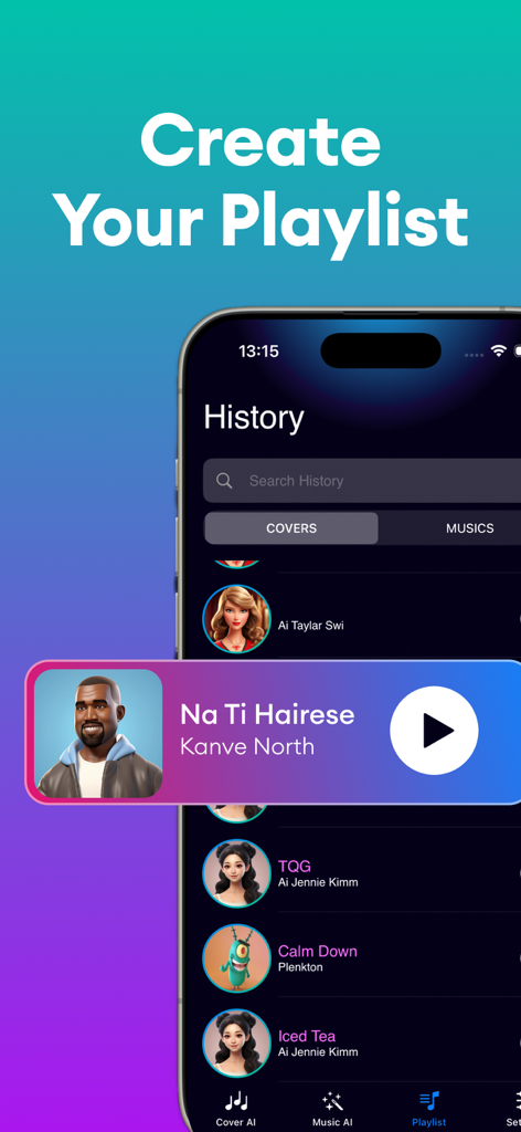 Music AI Cover: Banger & Songs - Interface do aplicativo Music AI Cover mostrando uma playlist de covers de músicas gerados por IA