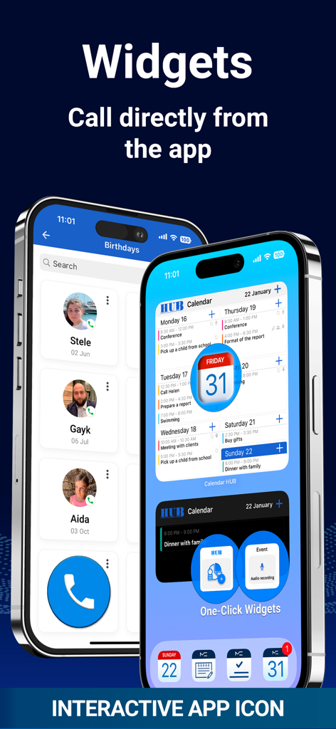 HUB: Calendar, Budget, Notes - Two iPhone screens displaying the HUB app interactive calendar widgets and direct calling feature from contacts.