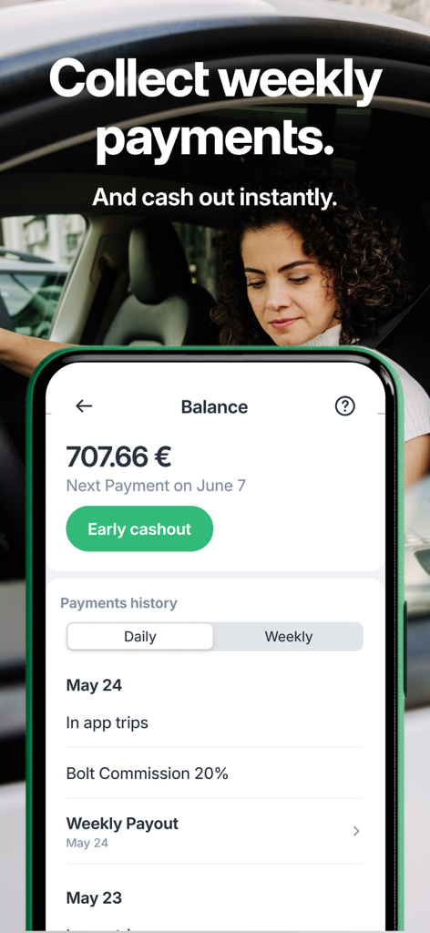 L'application Bolt Driver affiche l'écran du solde avec un bouton de retrait anticipé et l'historique des paiements.
