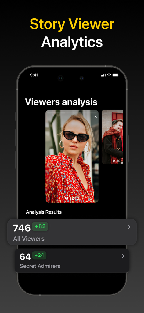 Interface mostrando análise de visualizadores de stories com métricas totais de visualizadores e admiradores secretos