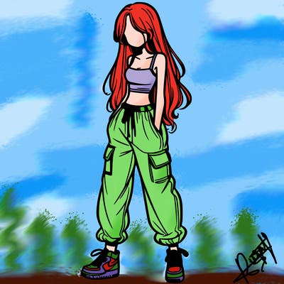 girl in baggy pants crop top and long hair