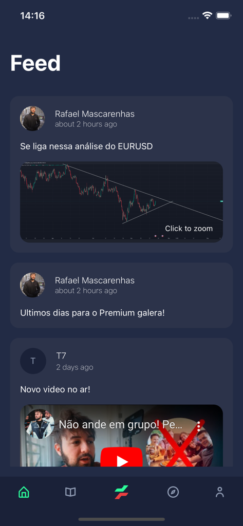 El feed de la aplicación móvil de Take Tips mostrando gráficos de análisis del mercado Forex y videos educativos de trading de Rafael Mascarenhas