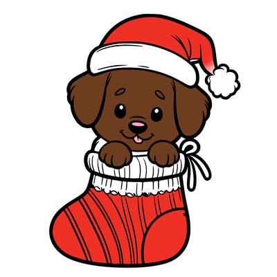 cute puppy wearing santa hat in socking