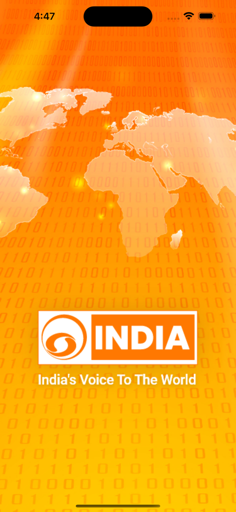 DDIndia - Splash screen for the DD India news app showing the logo and slogan Indias Voice To The World