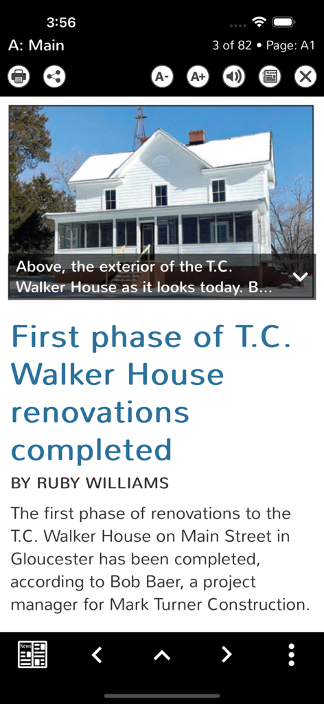 Screenshot of the Gazette Journal Virginia app displaying a local news article titled First phase of T.C. Walker House renovations completed