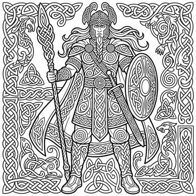 Embark on an epic coloring adventure with this stunning Celtic warrior design, entirely composed of intricate knot patterns. This detailed artwork invites you to explore ancient legends and bring vibrant life to a mythological hero.