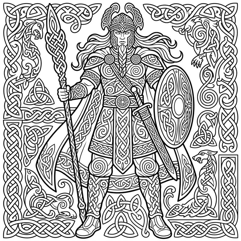 Embark on an epic coloring adventure with this stunning Celtic warrior design, entirely composed of intricate knot patterns. This detailed artwork invites you to explore ancient legends and bring vibrant life to a mythological hero.