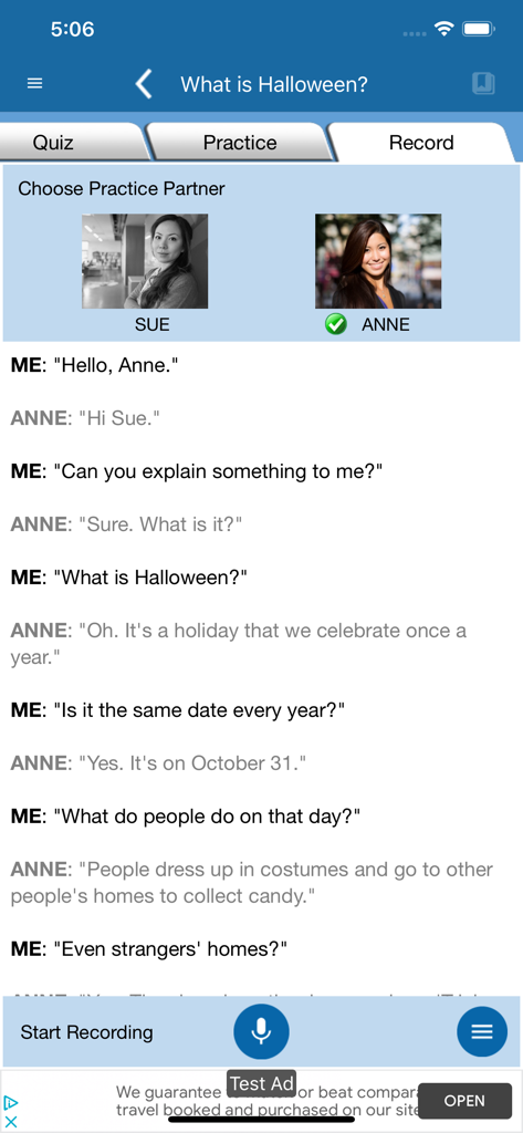 Speak English Conversation - English conversation practice screen with a dialogue about Halloween and a record button.