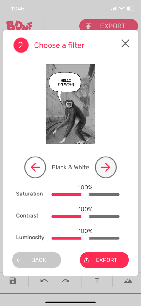 BDnF (light version) - Interface de l'application BDnF montrant les options de filtres noir et blanc avec des curseurs de saturation, de contraste et de luminosité pour une planche de BD avec un personnage de singe.
