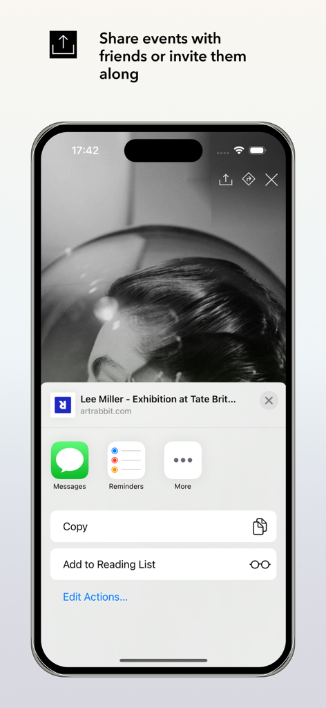 ArtRabbit - ArtRabbit app interface showing a share sheet for an art exhibition event.