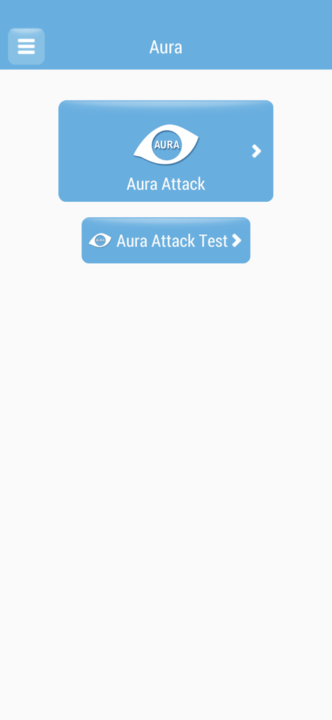 片頭痛オーラアプリのホーム画面。オーラ発作とオーラ発作テストのボタンが表示されています。
