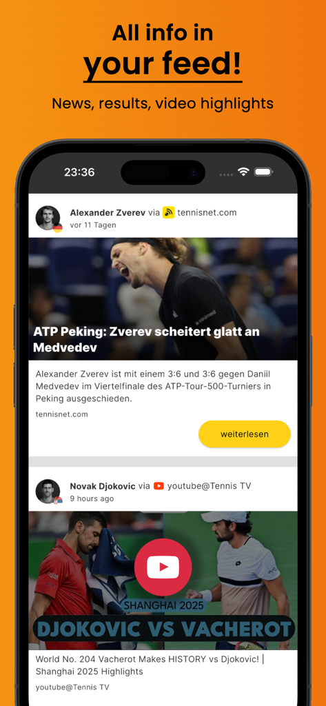 Tennis Fan - ATP / WTA - Personalized tennis news feed with match results and video highlights