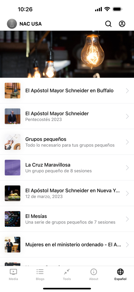 New Apostolic Church USA - Tela móvel do aplicativo da Igreja Nova Apostólica dos EUA mostrando sermões e conteúdo para pequenos grupos em espanhol