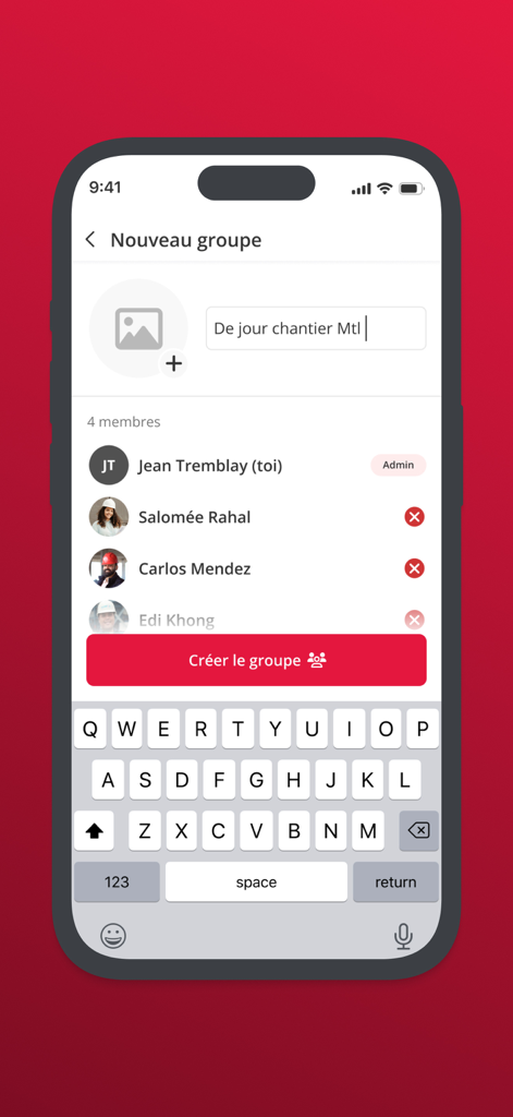 Pantalla de la app BRIX Chat que muestra la interfaz para crear un nuevo chat grupal profesional para un equipo de construcción.