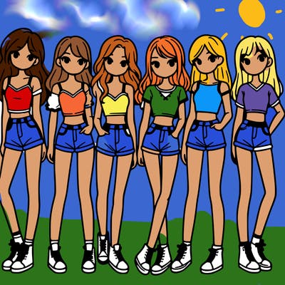 a group of girls wearing crop tops and shorts