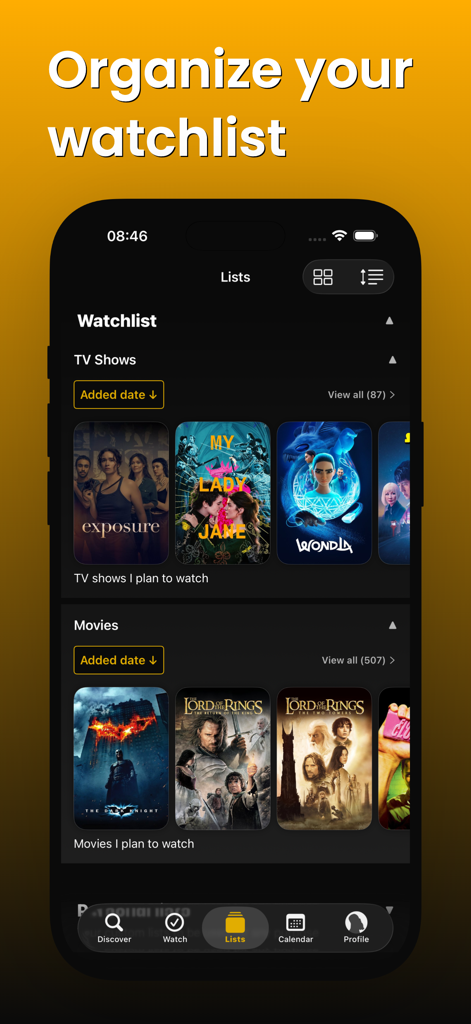 Sofa Timeモバイルアプリのインターフェース。テレビ番組や映画の整理されたウォッチリストが表示されています。