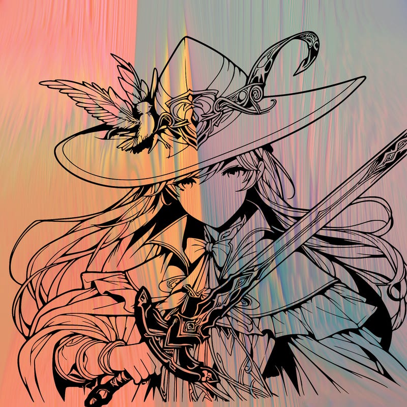 a realistic fantasy manga queen witch with a sword