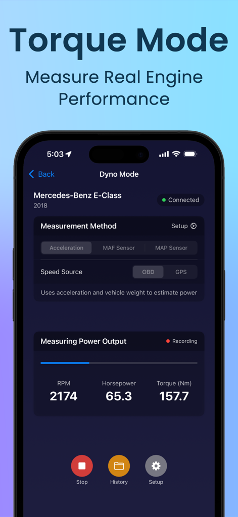 Torque Pro app showing Dyno Mode with horsepower and torque metrics