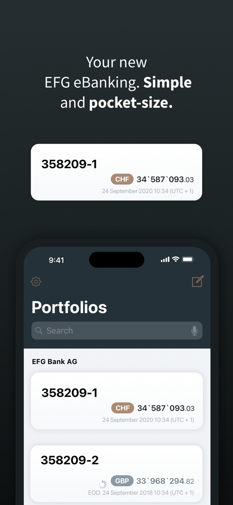 Capture d'écran de l'application mobile EFG Banking affichant un aperçu du portefeuille de banque privée avec les soldes de compte dans plusieurs devises.