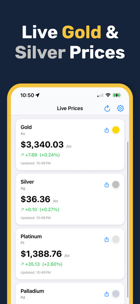 Gold & Silver Prices Live - Mobile app screen showing live market prices for gold silver and platinum with real-time value changes