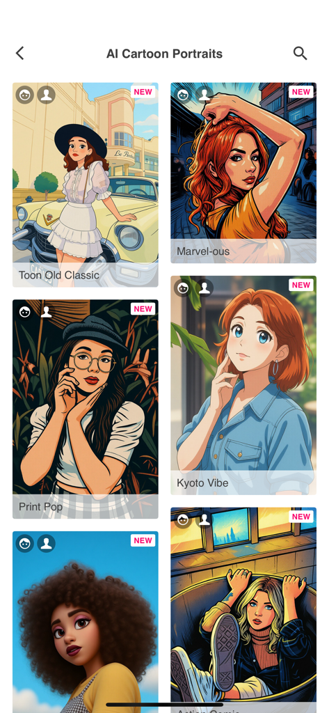 A gallery of AI cartoon portrait filters in the Photo Lab app featuring various artistic styles like comic book and anime.