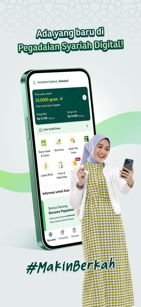 Pegadaian Syariah Digital - Pegadaian Syariah Digitalモバイルアプリのインターフェース。金投資とシャリア銀行サービスを特集。