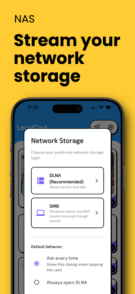 iPhone screen showing LocalCast app with network storage options for DLNA and SMB streaming