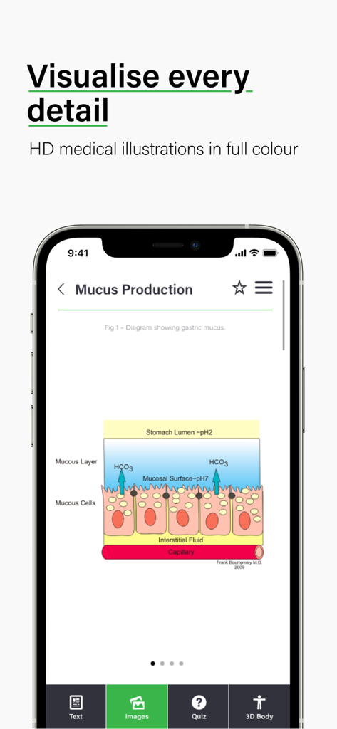 Detailed medical illustration showing gastric mucus production within the TeachMe Physiology app