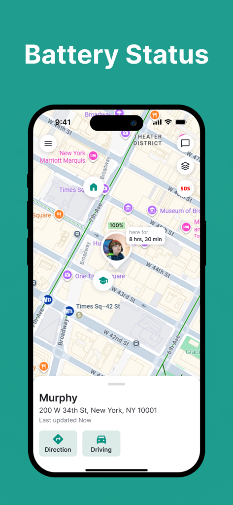 Fime: Phone Tracker GPS Locate - Map view showing a family member location and their phone battery status