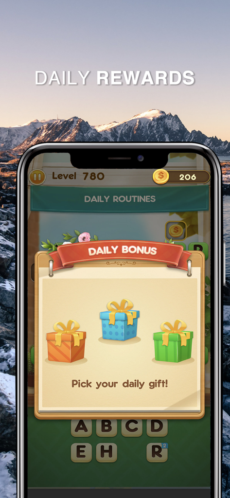 Word Free Time - Word Free Time app screen showing a daily bonus pop up with three colorful gift boxes