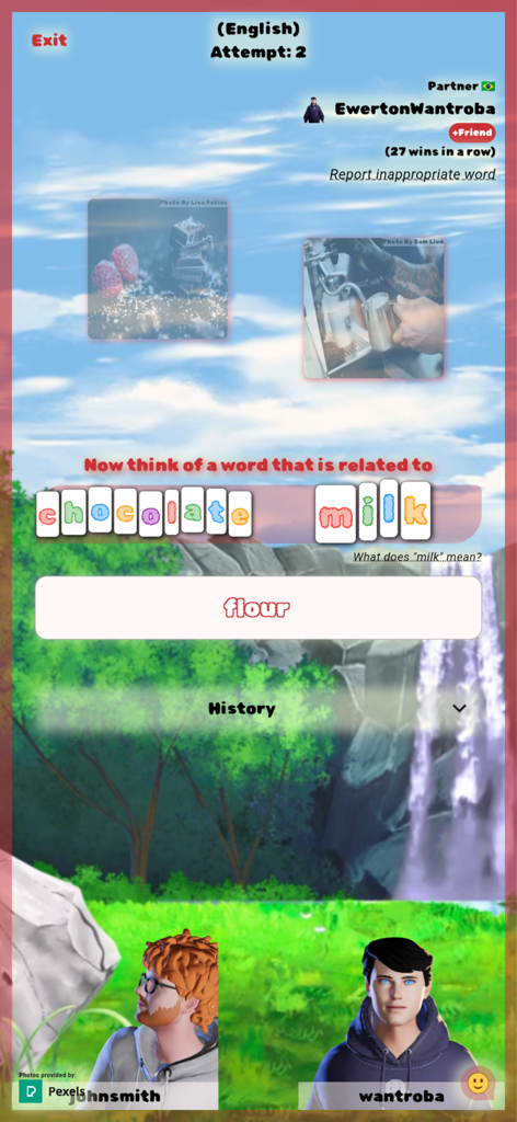 Tela de jogabilidade do jogo de associação de palavras Say the Same mostrando dois jogadores tentando combinar palavras relacionadas