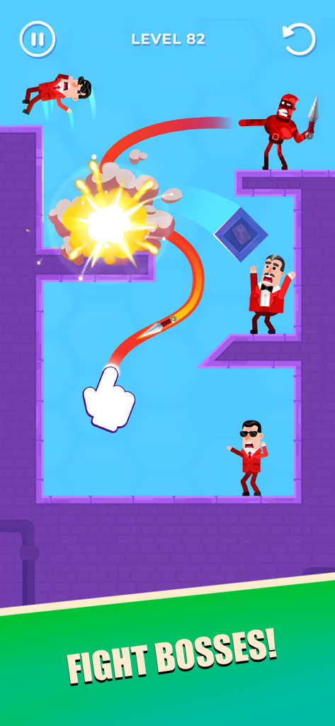 Drawmaster - Drawmaster 게임 플레이로, 플레이어가 보스 레벨에서 적을 물리치기 위해 무기의 궤적을 그리고 있는 것을 보여줍니다