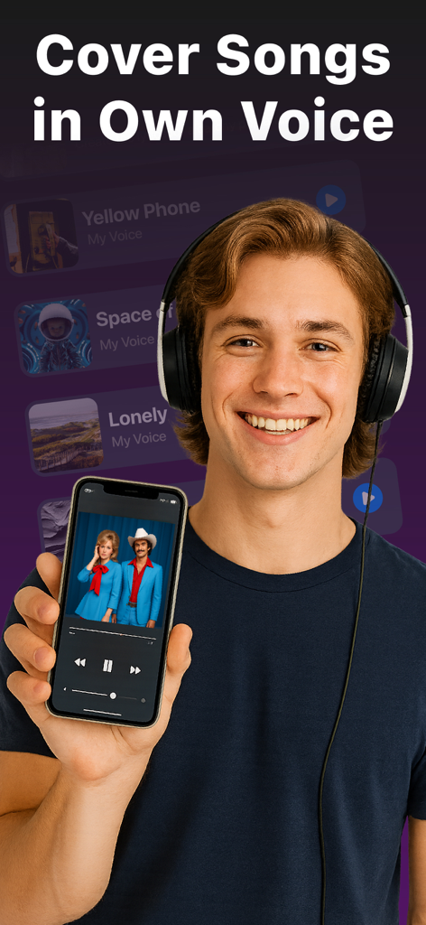 A young man wearing headphones and holding a smartphone displaying the Banger AI music generator app interface for creating voice covers