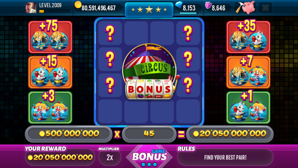 Miracle Circus Slots - Pantalla de juego de bonificación de Miracle Circus Slots mostrando pares coincidentes y una gran recompensa de monedas