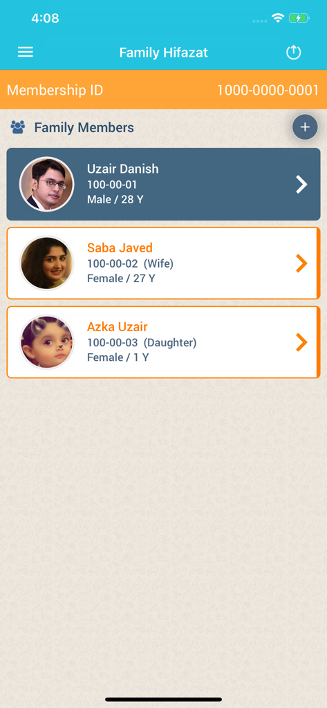Family Hifazat - Interface of the Family Hifazat app displaying a list of family members with their names, ages, and medical identification numbers.