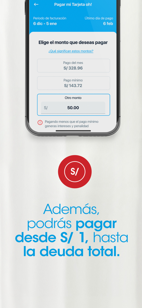 Financiera oh! - Interface of Financiera oh app showing credit card payment options including minimum payment and custom amount in Peruvian Soles