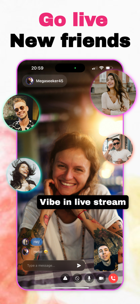 A live video stream interface on Minglify showing a woman chatting with other users through circular profile overlays and a text chat box.