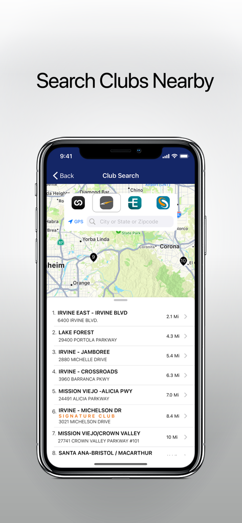 LA Fitness mobile app screen showing a map and list for searching nearby gym locations