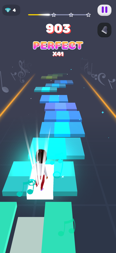 Melody Run - Cute Piano Game - Melody Run gameplay featuring a character running on glowing blue musical tiles in third person mode