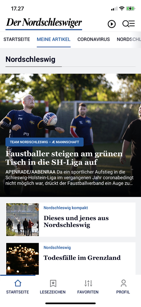 Feed de noticias principal de la aplicación Der Nordschleswiger en alemán con noticias regionales.