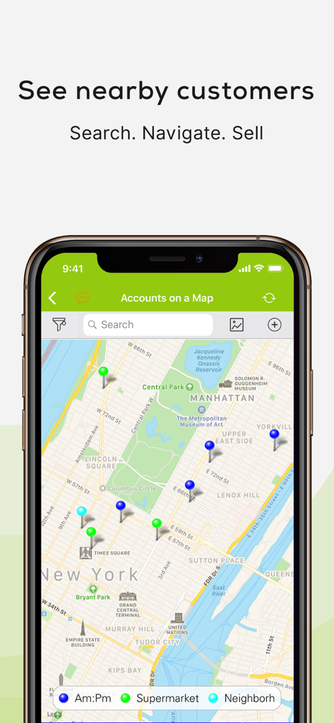 Pepperi B2B Commerce App - Map interface in the Pepperi app showing nearby customer accounts and business locations