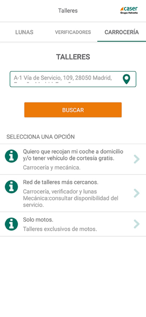 Workshop search screen in the Caser Seguros app for finding car repair locations