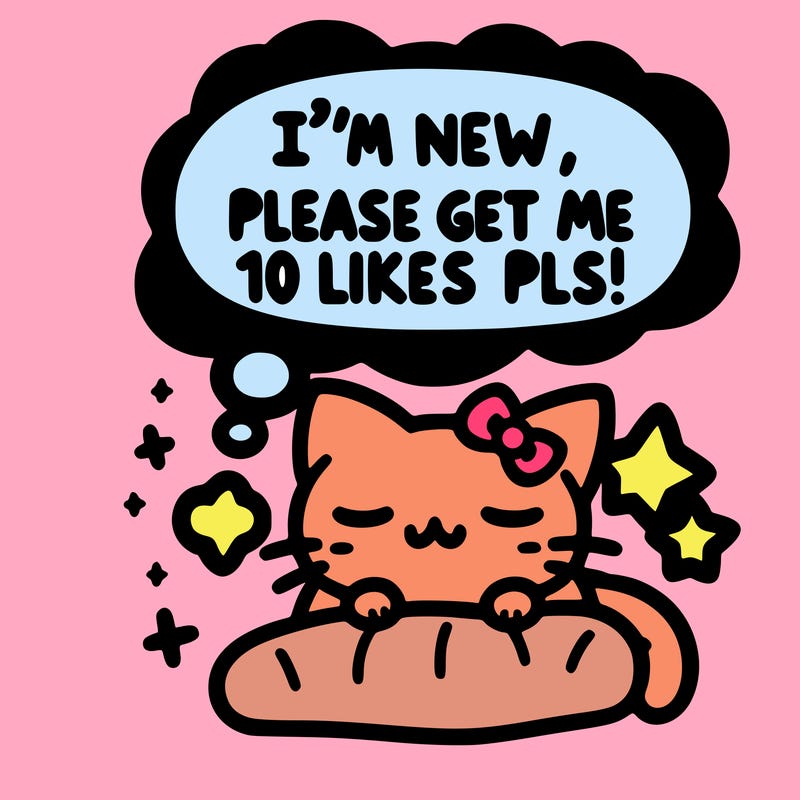 kitty taking a nap dream talking and saying "i'm new, please get me at least 10 likes pls!!"