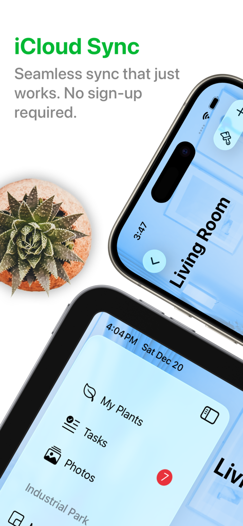 PlantPal: Plant Care - PlantPal app interface demonstrating seamless iCloud sync across iOS devices
