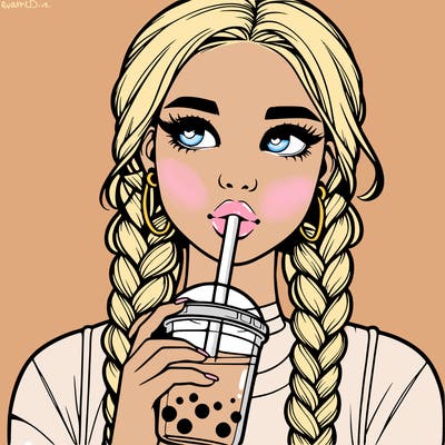realistic girl with braided hair drinking boba