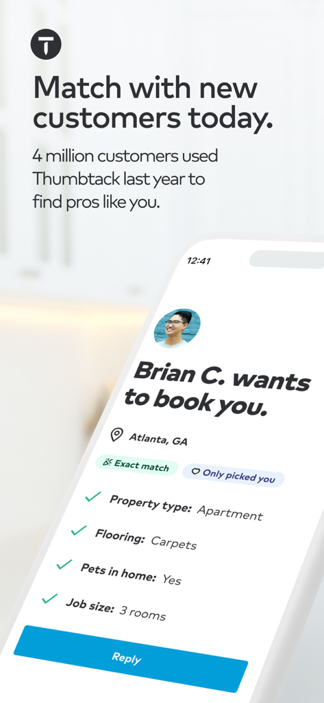 Mobile screen of Thumbtack for Professionals showing a new customer booking request with project details and a reply button.