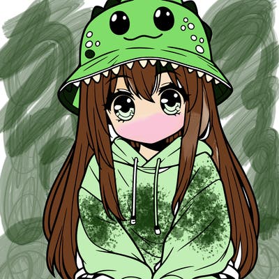 girl with anime shaped eyes with a dinosaur bucket hat oversized sweatshirt long straight hair