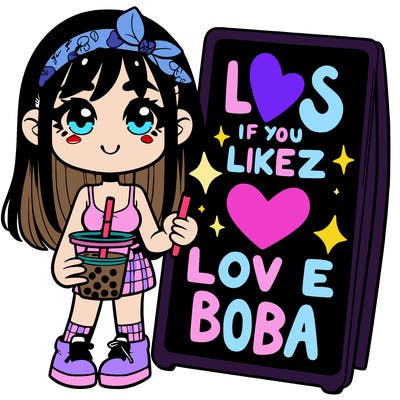 a girl with a boba tea 🧋 next to a sign that says likes if youz love boba