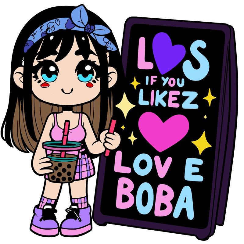 a girl with a boba tea 🧋 next to a sign that says likes if youz love boba