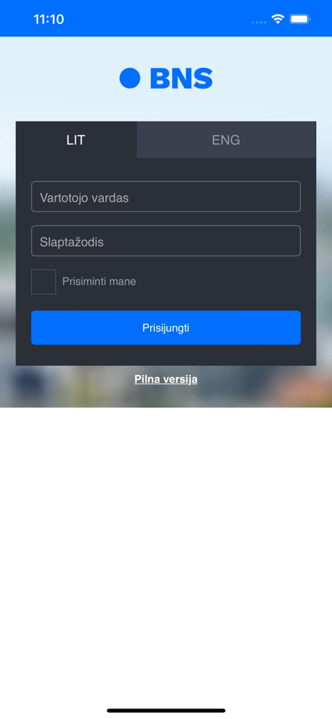 Interfaccia di accesso all'app Baltic News Service di BNS.LT